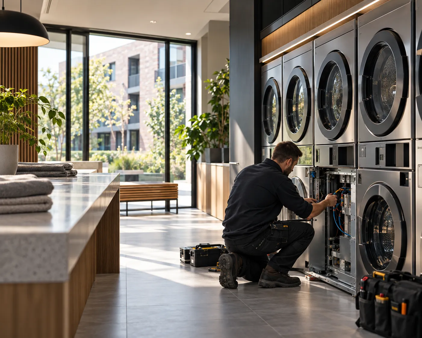 Engineer servicing commercial laundry equipment